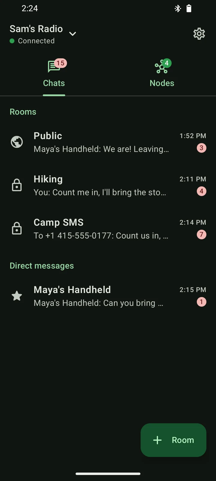 The Mesh+ chat list with the Public channel, the private rooms Hiking and Camp SMS, and a direct message from Maya, each with unread badges