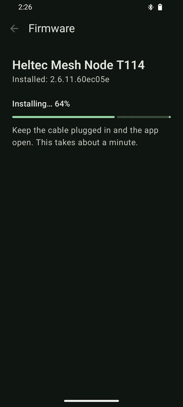 Firmware 2.7.26 installing over the USB cable, 64 percent done