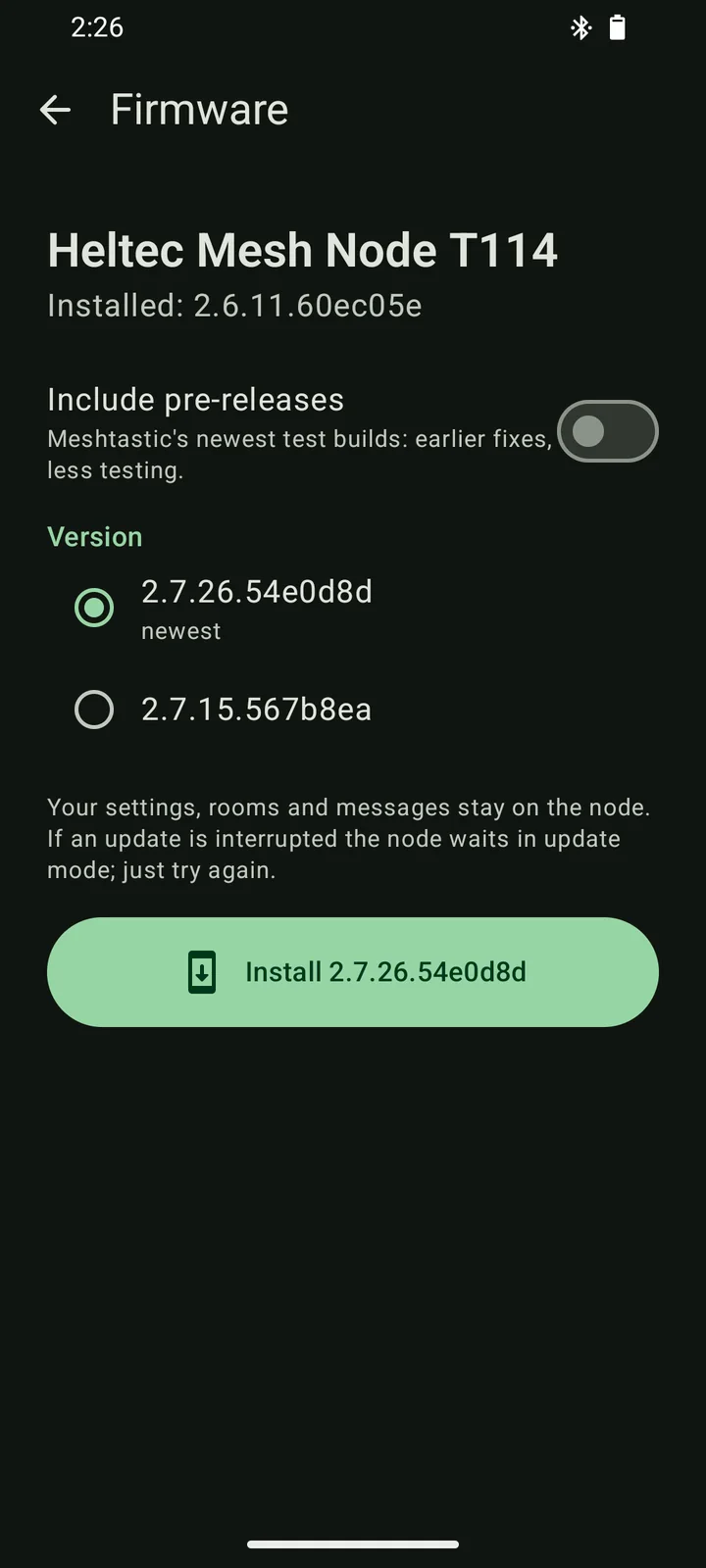 The firmware screen for a Heltec Mesh Node T114, offering Meshtastic 2.7.26 to install over USB