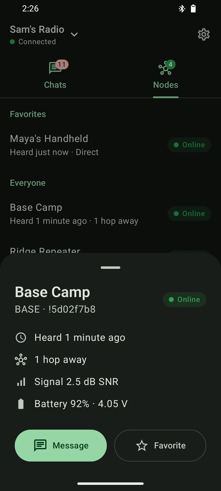 The Base Camp profile showing when it was last heard, that it's one hop away, its signal and its battery, with buttons to message or favorite it