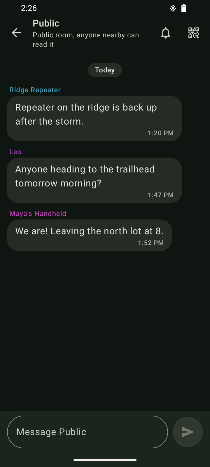 The Public channel, where Ridge Repeater, Leo and Maya chat with everyone nearby