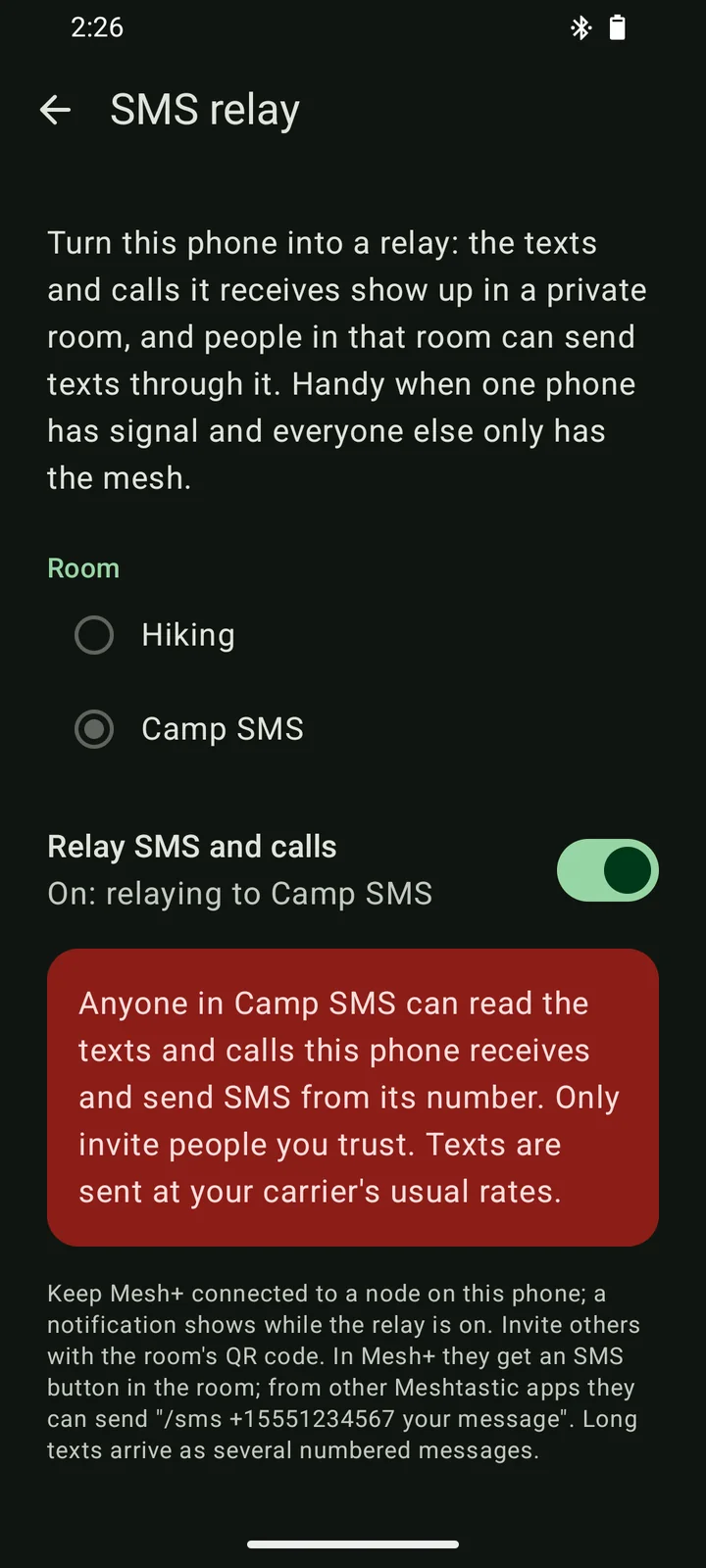 The SMS relay settings screen with the relay room picker, the on switch and a warning about who can read relayed texts