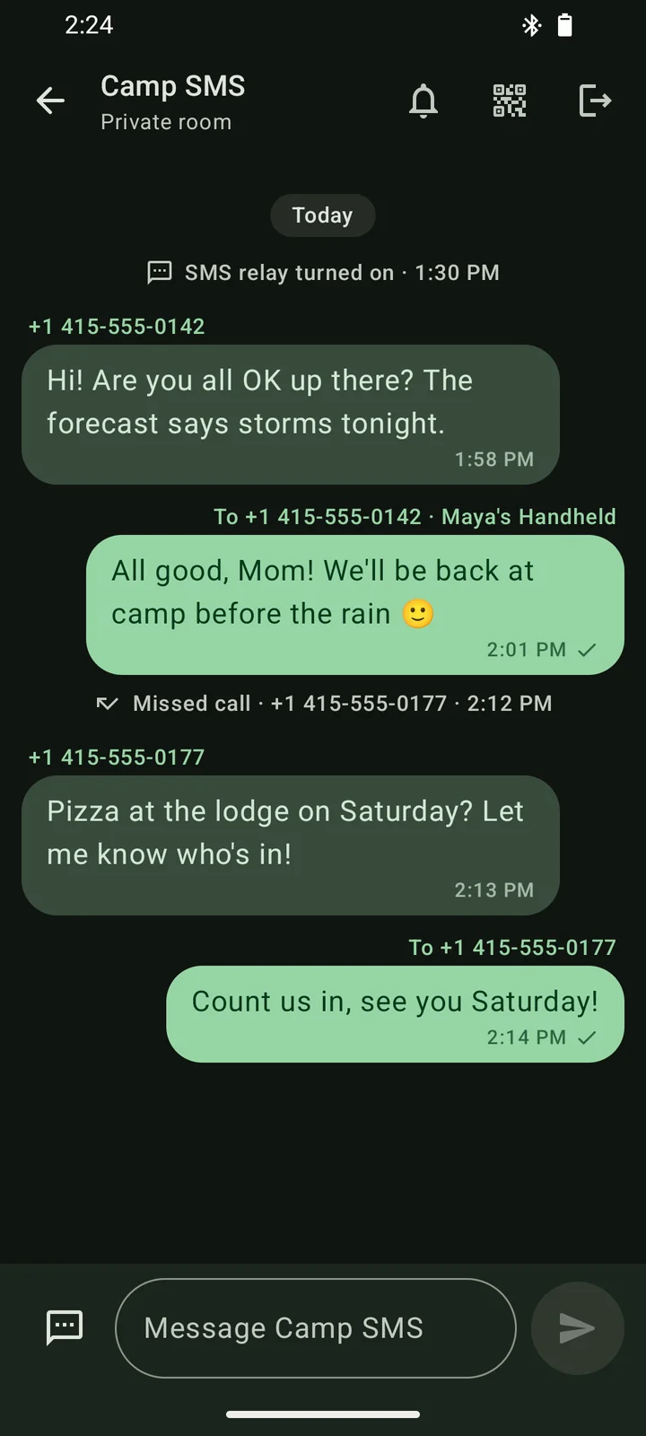 The Camp SMS room showing texts from outside phone numbers, replies sent through the relay with check marks, and a missed call