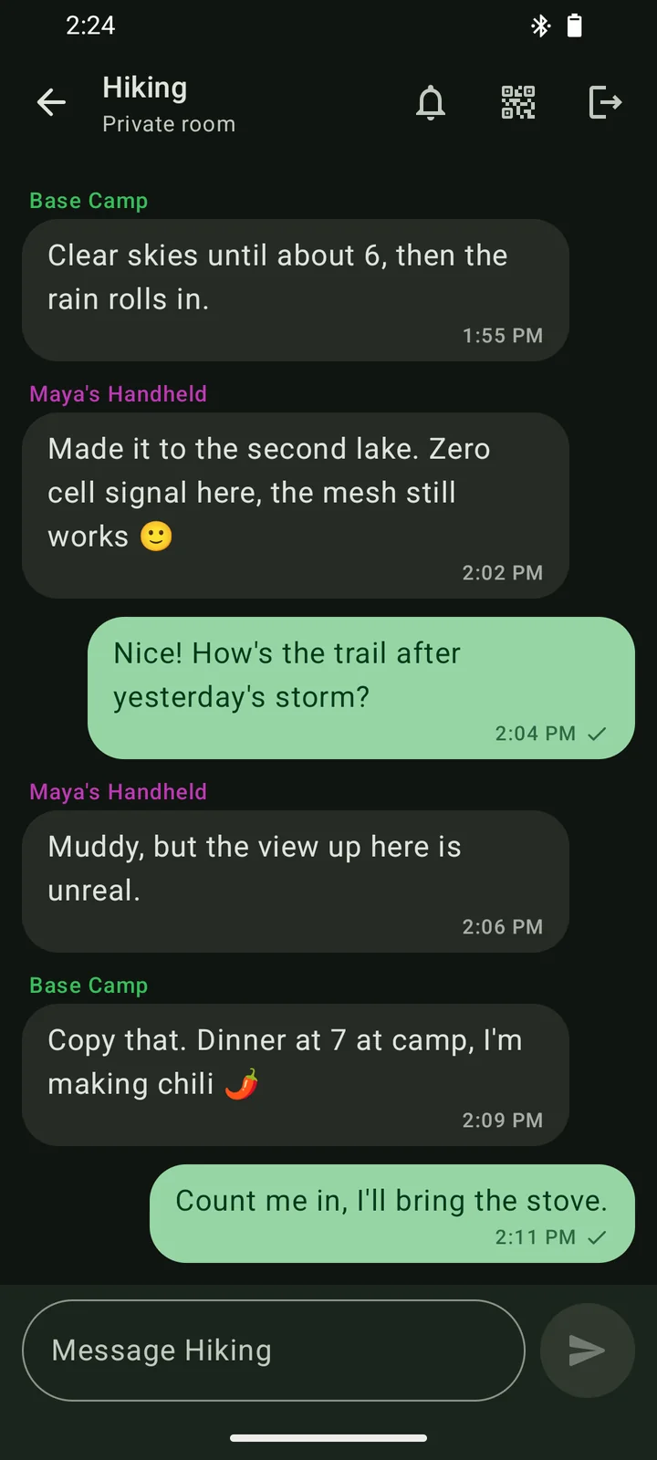 A private room called Hiking where friends share trail updates over the mesh, with check marks under the messages the mesh relayed