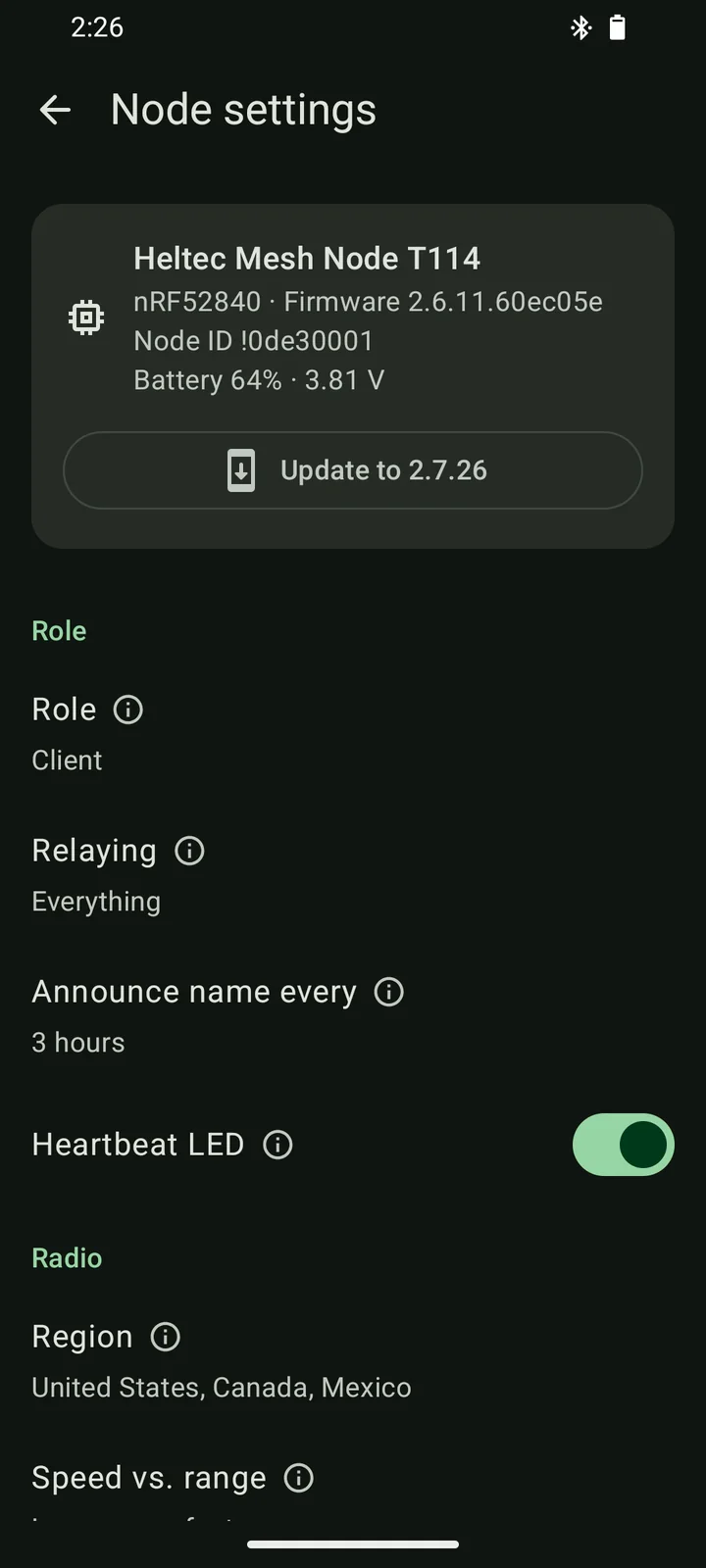 Node settings for a Heltec Mesh Node T114 with an Update to 2.7.26 button and settings like Role and Relaying