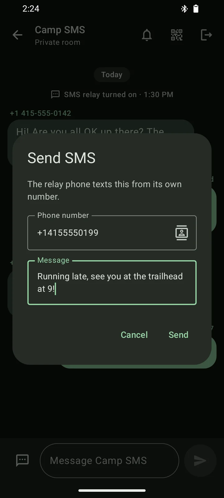 The Send SMS dialog with a phone number, a contact picker and the message Running late, see you at the trailhead at 9